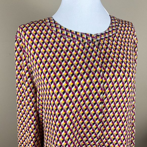 Express 3/4 Sleeve Blouse Size L Dark Raspberry Pink Gold Black, Geometric Print - Picture 1 of 8